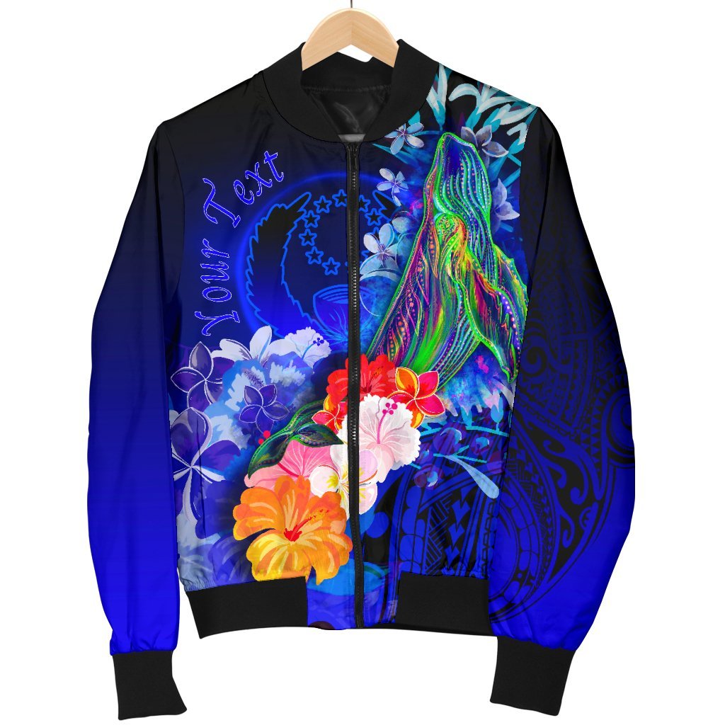 Pohnpei Custom Personalised Men's Bomber Jacket - Humpback Whale with Tropical Flowers (Blue) - Polynesian Pride