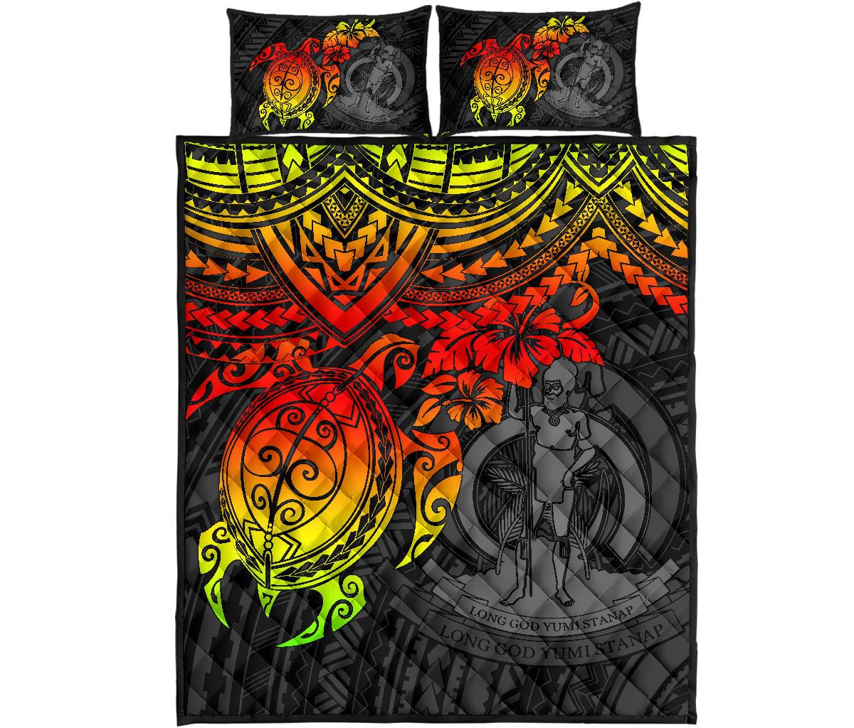 Vanuatu Polynesian Quilt Bed Set - Vanuatu Coat Of Arms & Reggae Turtle Hibiscus - Polynesian Pride