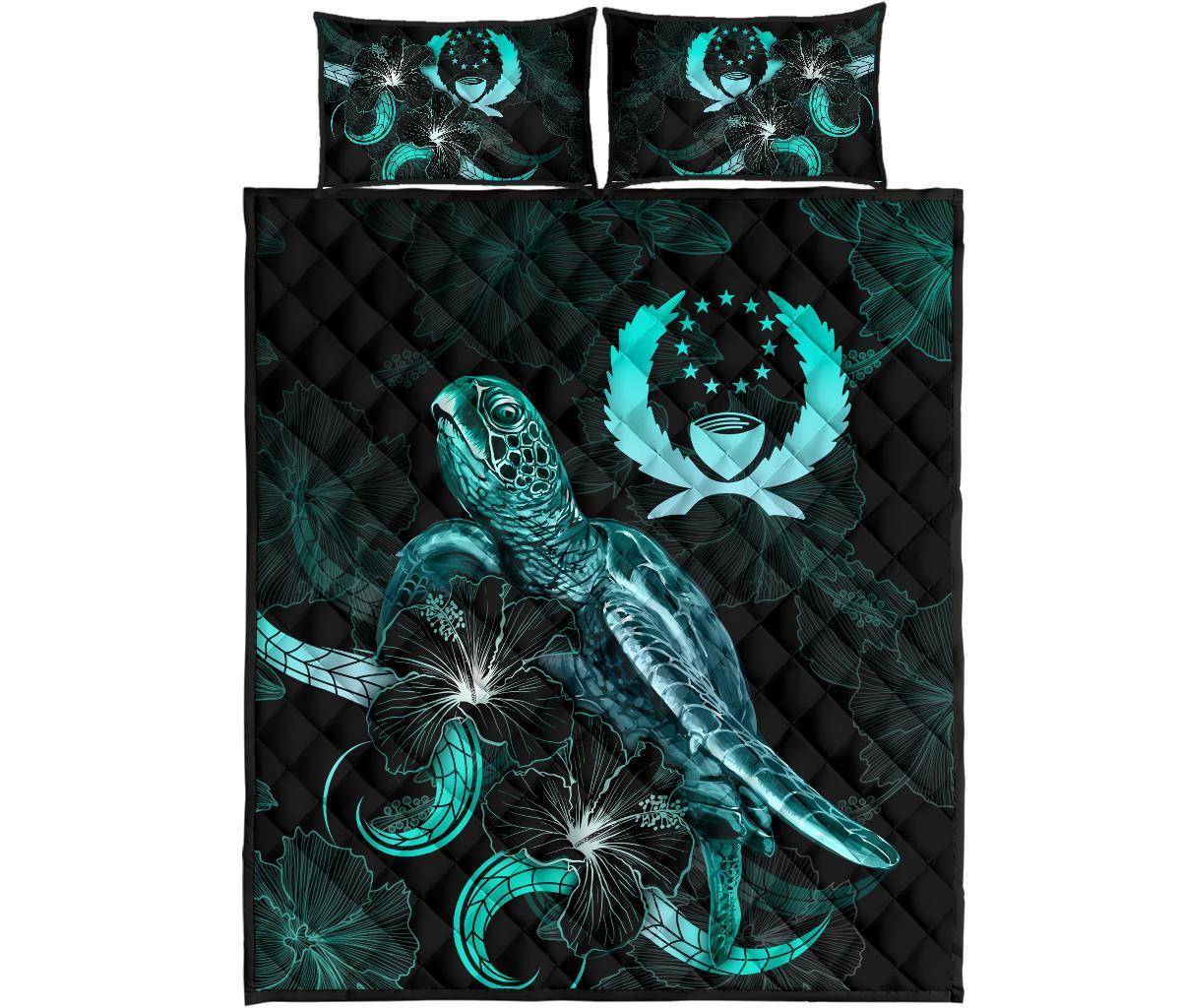 Pohnpei Polynesian Quilt Bed Set - Turtle With Blooming Hibiscus Turquoise - Polynesian Pride