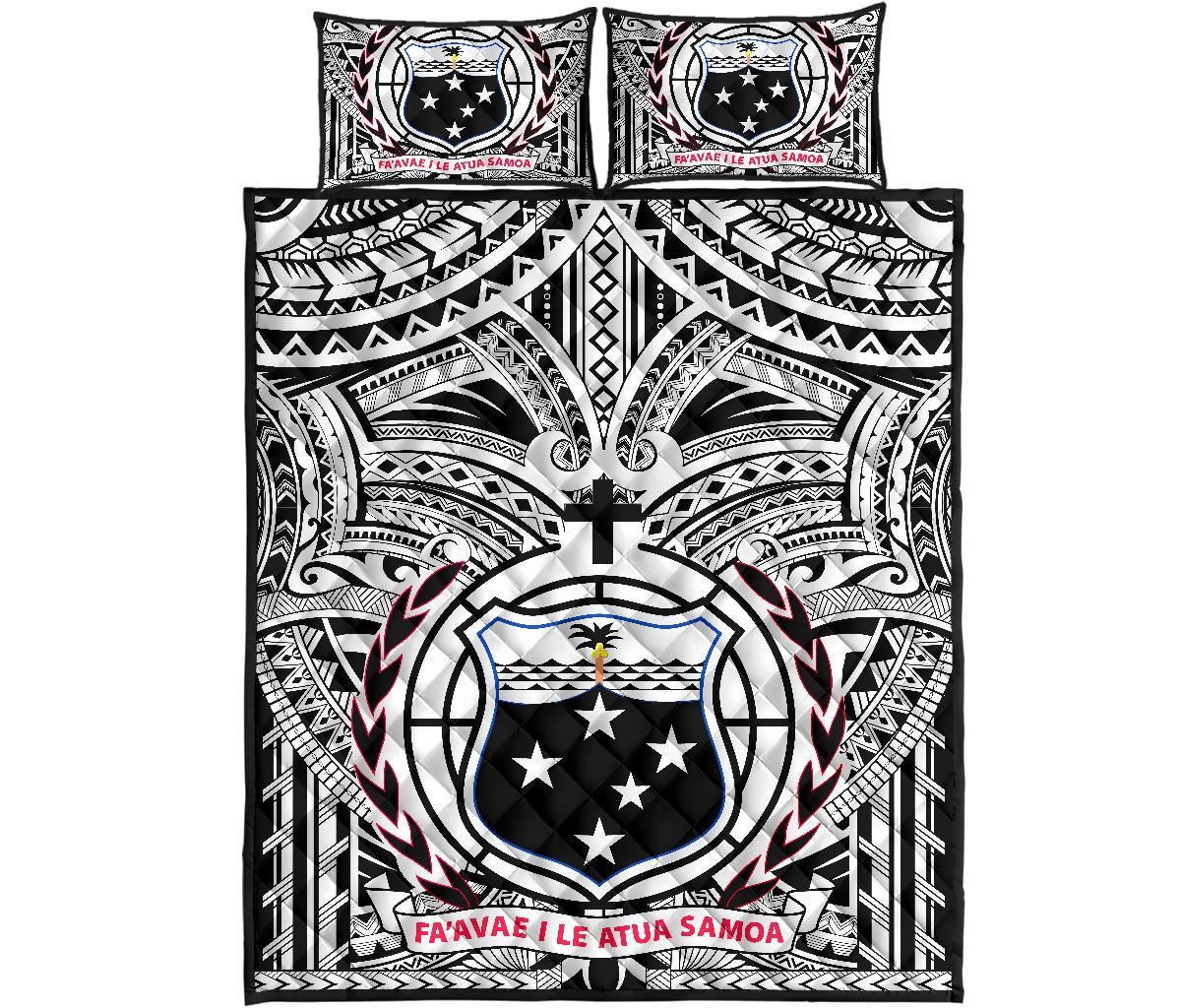 Samoa Quilt Bed Set - Samoa Coat Of Arm, Polynesian Tattoo (White) - Polynesian Pride