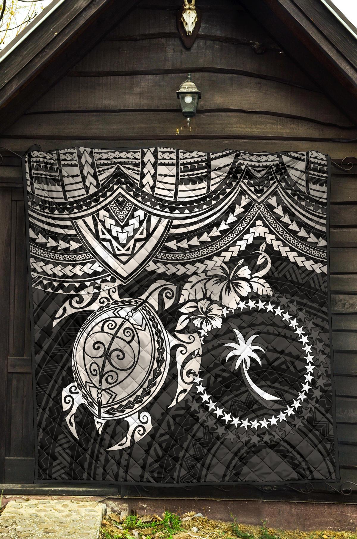 Chuuk Polynesian Premium Quilt - Chuuk Flag & White Turtle Hibiscus - Polynesian Pride