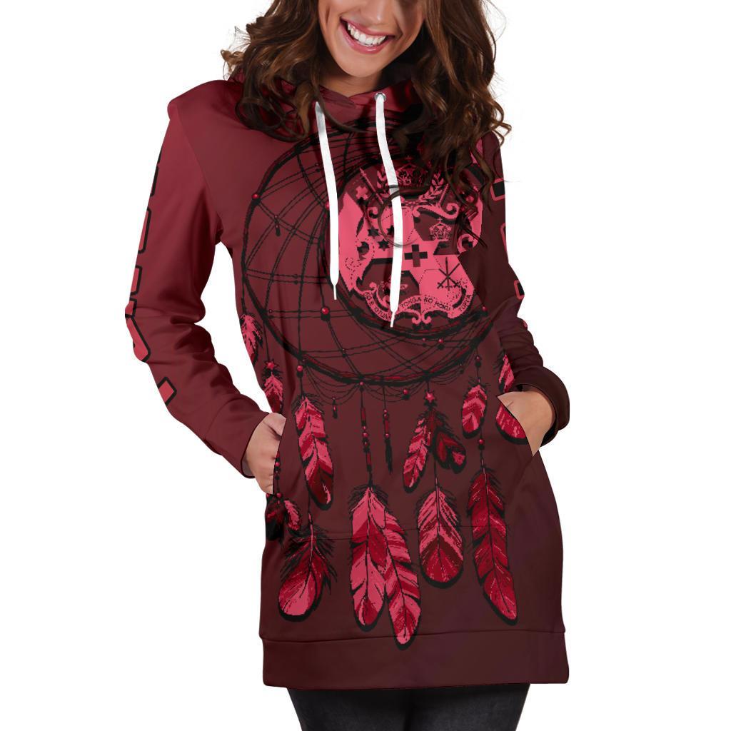 Tonga Hoodie Dress - Tonga Coat Of Arms Dreamcatcher Red Version - Polynesian Pride