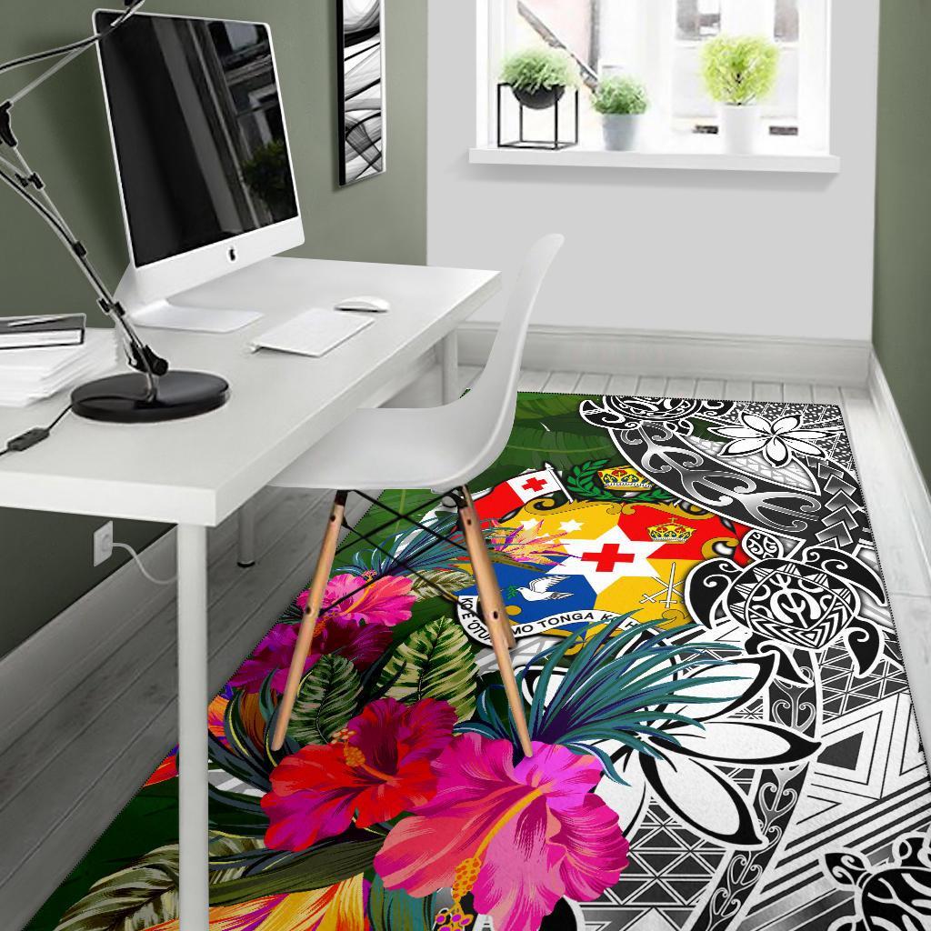 Tonga Area Rug White - Turtle Plumeria Banana Leaf - Polynesian Pride