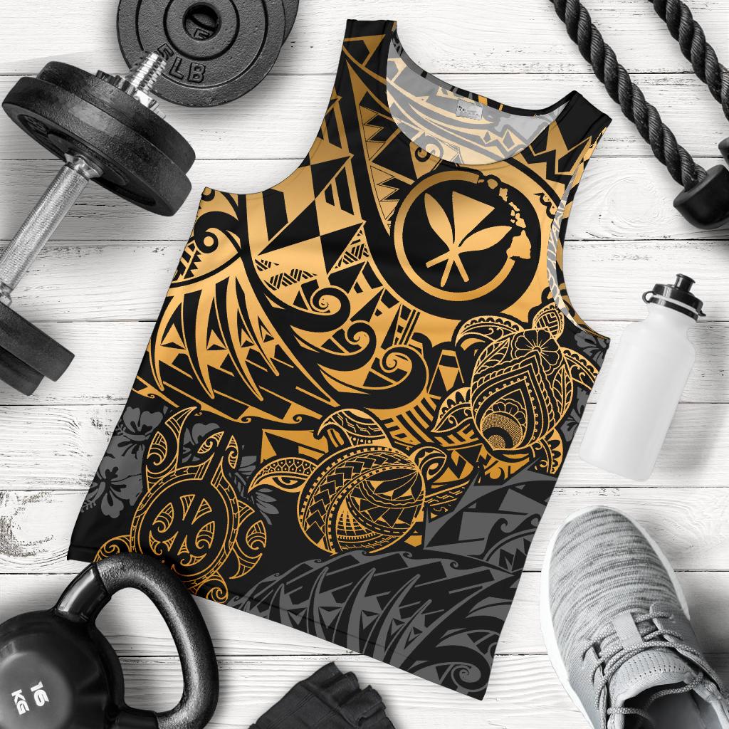 Polynesian Hawaii (Kanaka Maoli) Men's Tank Top - Gold Turtle Hibiscus Flowing Gold - Polynesian Pride
