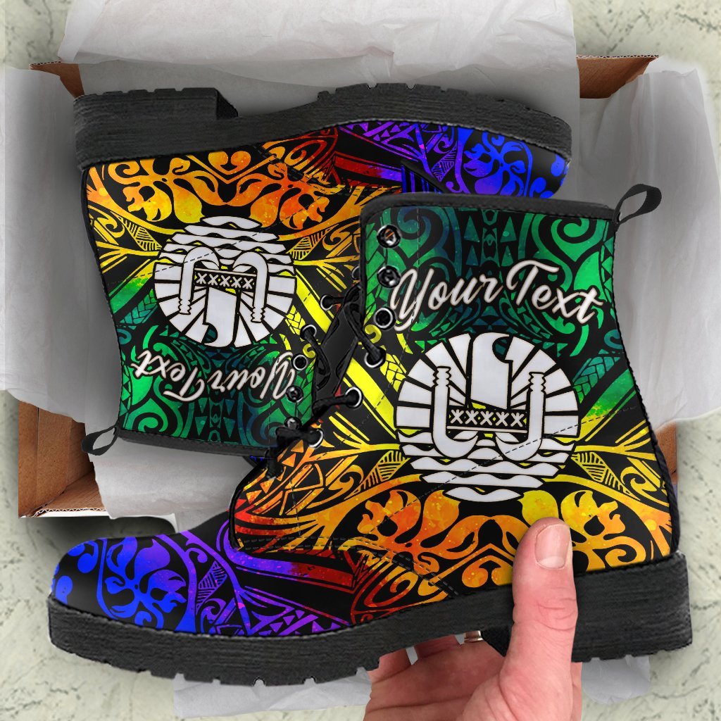 Tahiti Custom Personalised Premium Leather Boots - Rainbow Polynesian Pattern Rainbow - Polynesian Pride