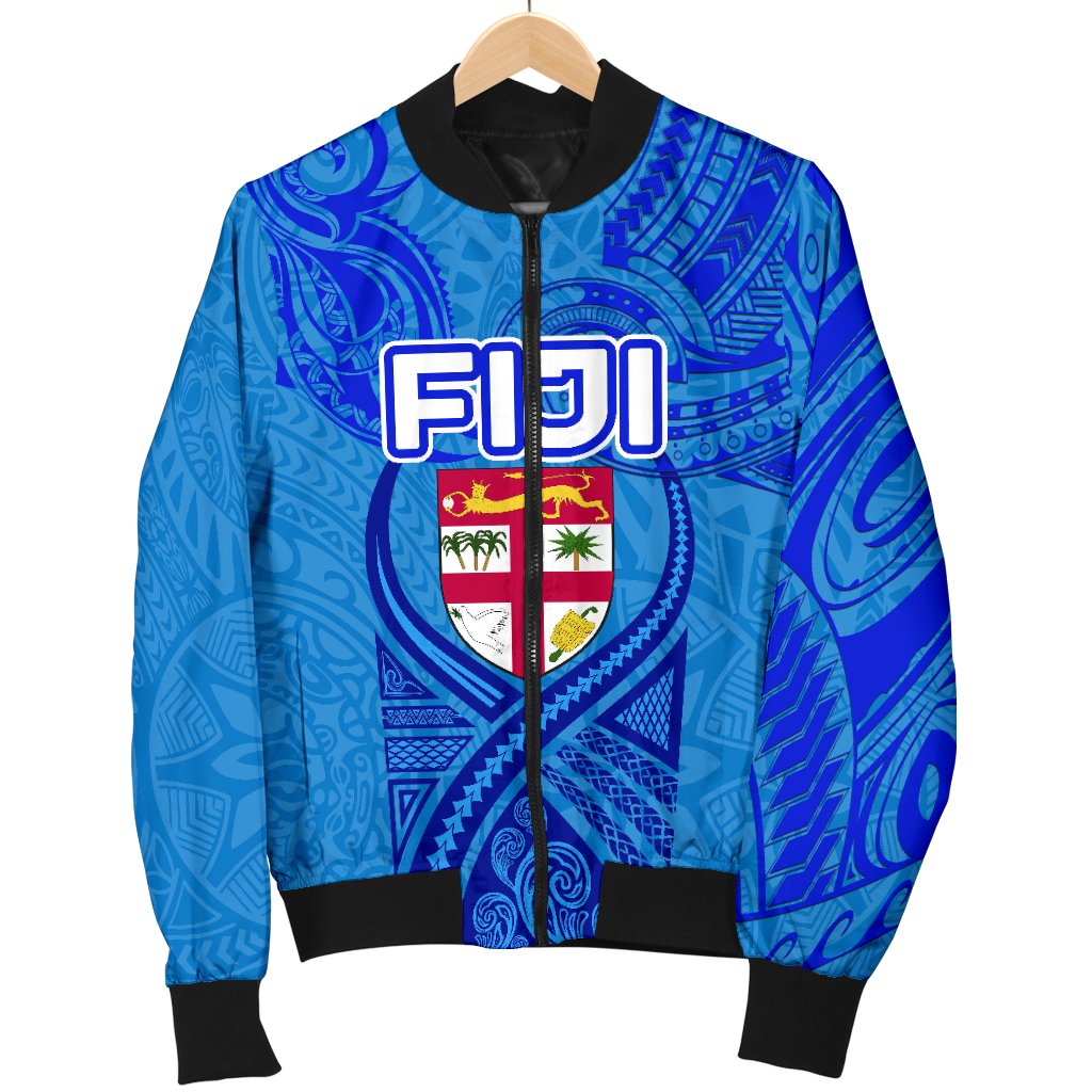 Blue Women Bomber Jacket Fiji Rugby Polynesian Waves Style - Polynesian Pride