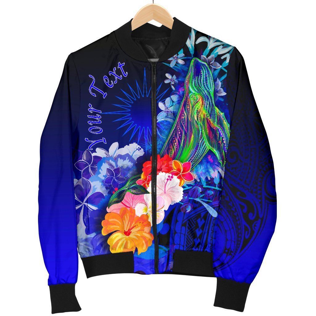Marshall Islands Custom Personalised Men's Bomber Jackets - Humpback Whale with Tropical Flowers (Blue) - Polynesian Pride