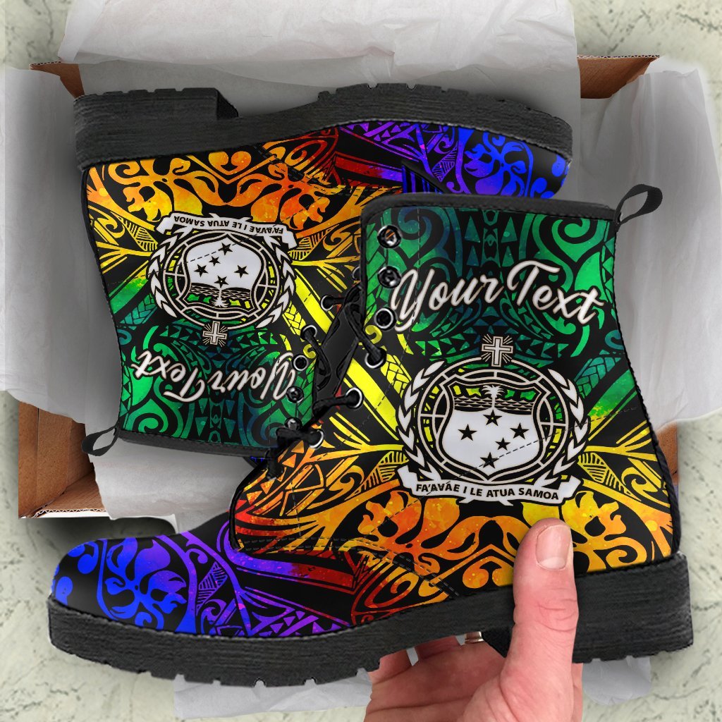 Samoa Custom Personalised Leather Boots - Rainbow Polynesian Pattern Rainbow - Polynesian Pride