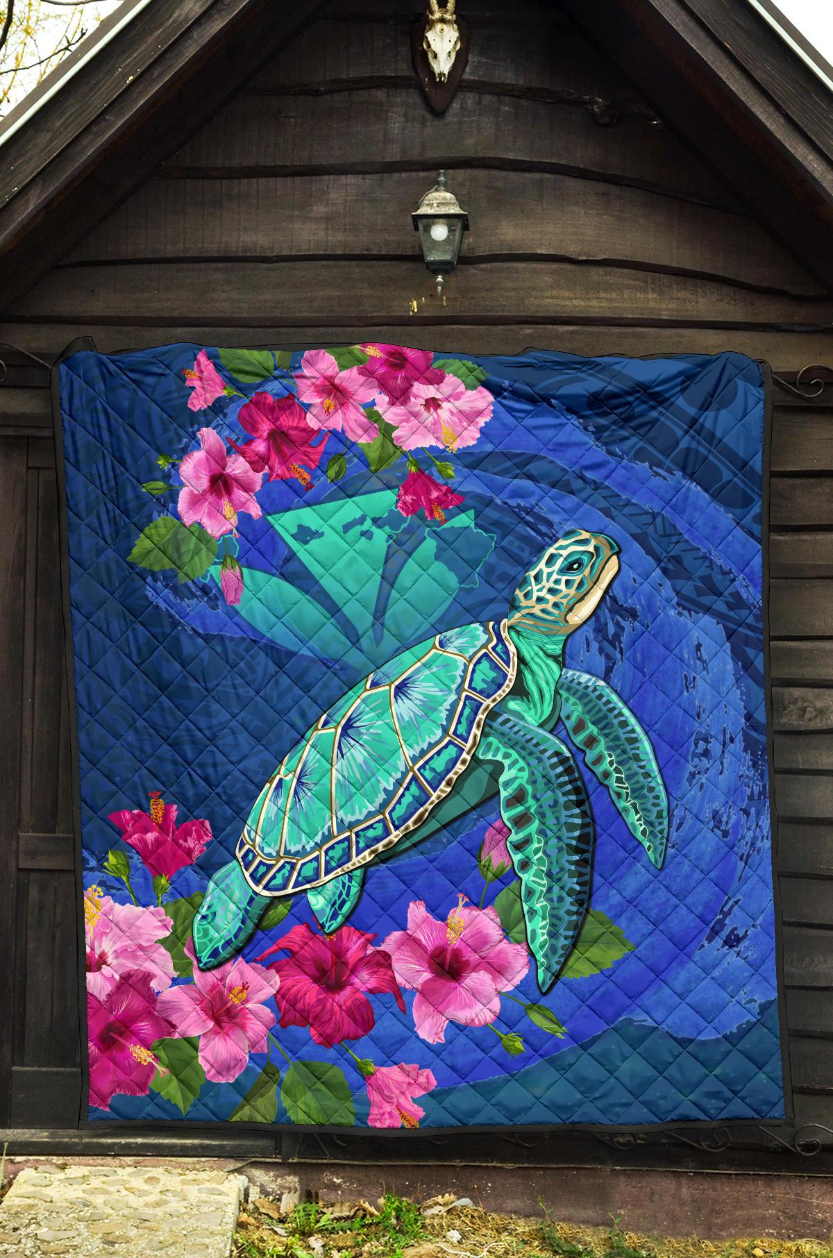 Hawaii Honu Aumakua Sea Hibiscus Premium Quilt - Nin Style - Polynesian Pride