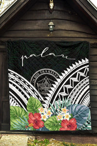 Palau Premium Quilt - Palau Coat of Arms & Polynesian Tropical Flowers White - Polynesian Pride