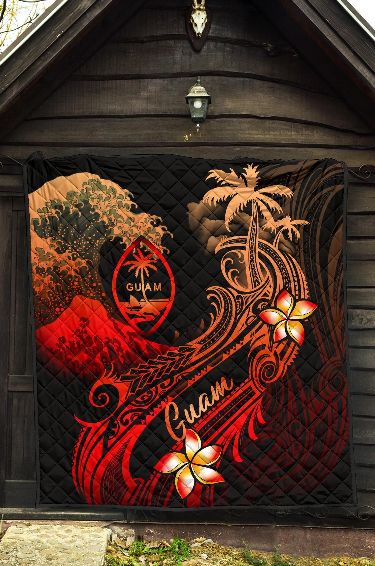 Guam Polynesian Premium Quilt - Plumeria Flowers And Waves - Polynesian Pride