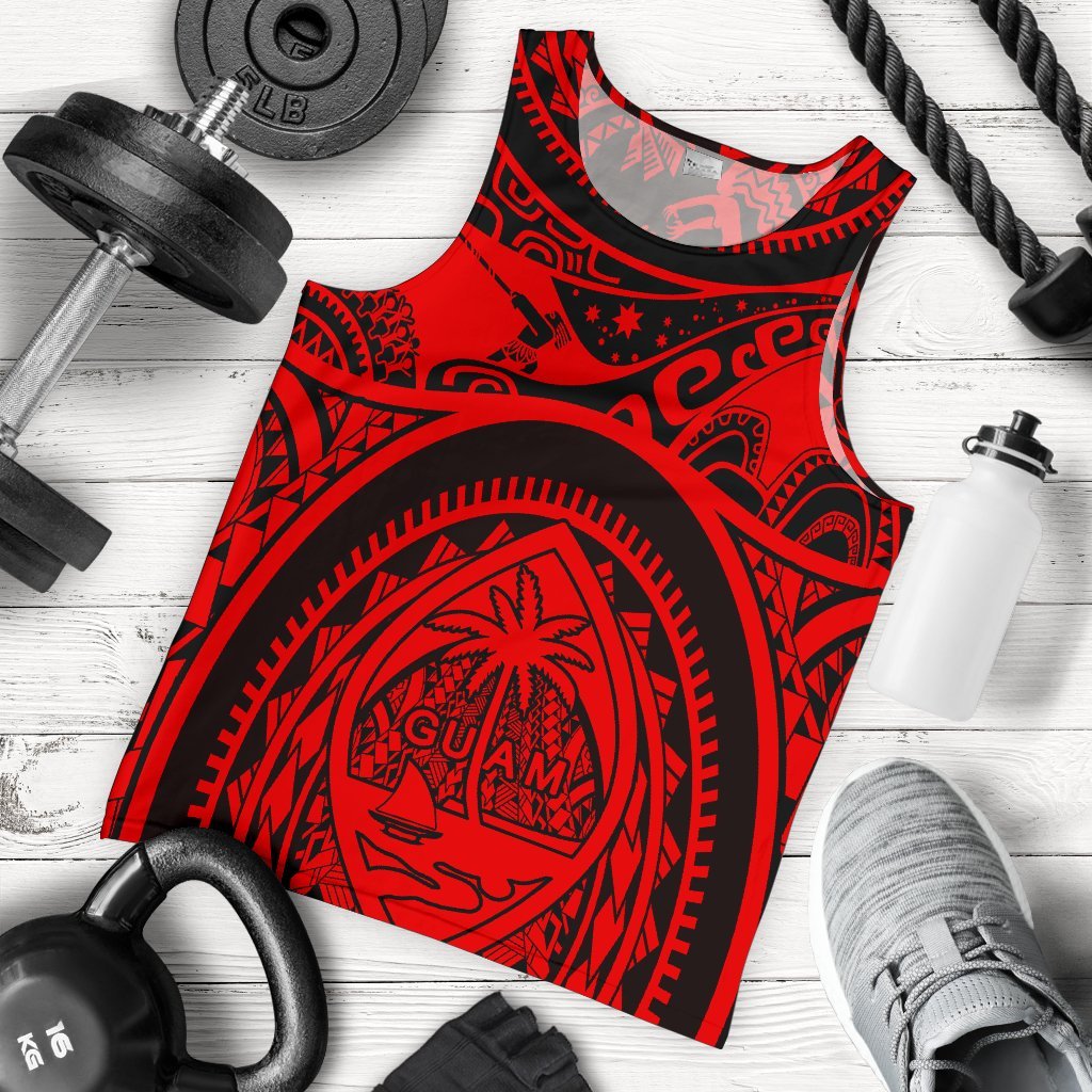 Polynesian Men's Tank Top - Guam Flag, Seal with Maui Moana Tattoo Red - Polynesian Pride