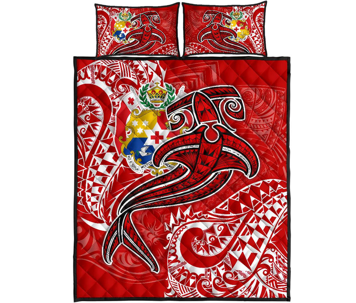 Tonga Quilt Bed Set - Red Shark Polynesian Tattoo - Polynesian Pride