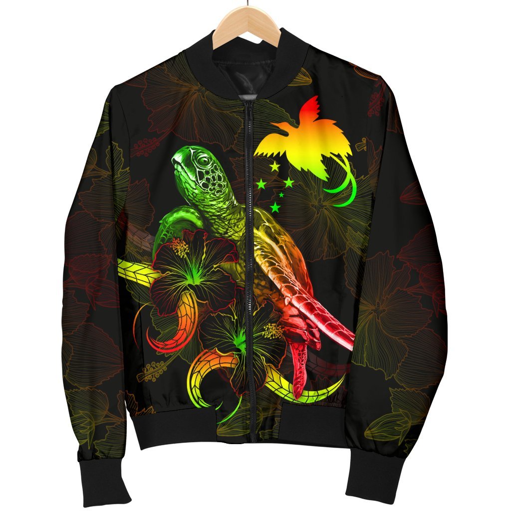 Papua New Guinea Polynesian Men's Bomber Jacket - Turtle With Blooming Hibiscus Reggae - Polynesian Pride