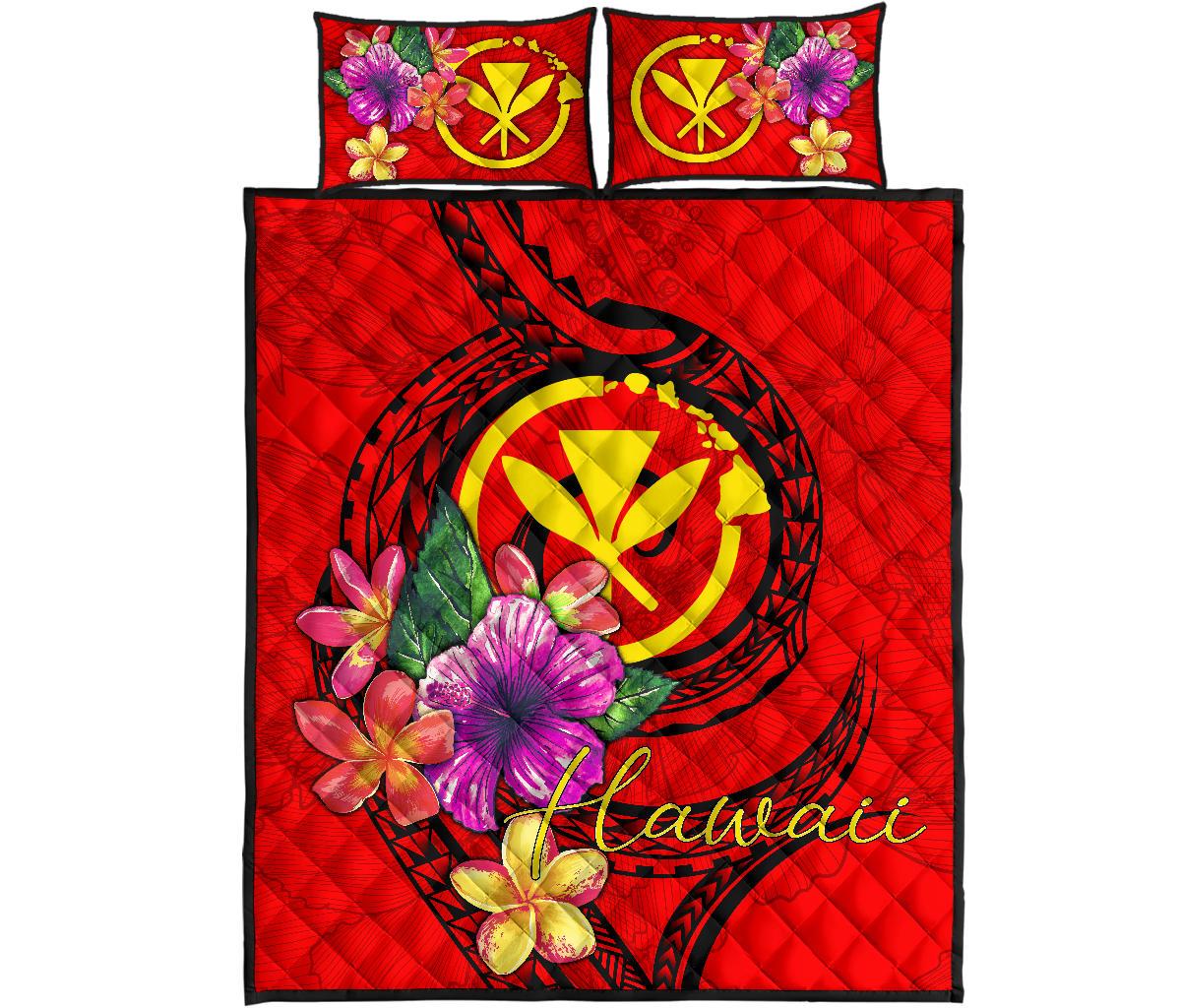 Hawaii Polynesian Quilt Bed Set - Floral With Seal Red - Polynesian Pride