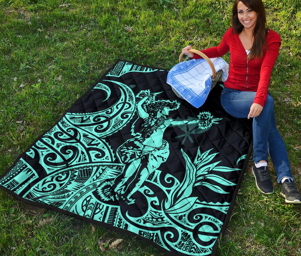 Polynesian Hawaii Premium Quilt - Hula Girl Neon Blue - Polynesian Pride