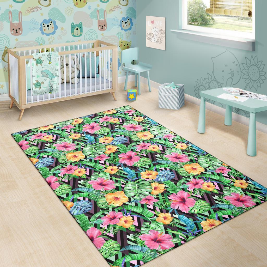 Tropical Hibiscus Banana Leafs Rug - Polynesian Pride