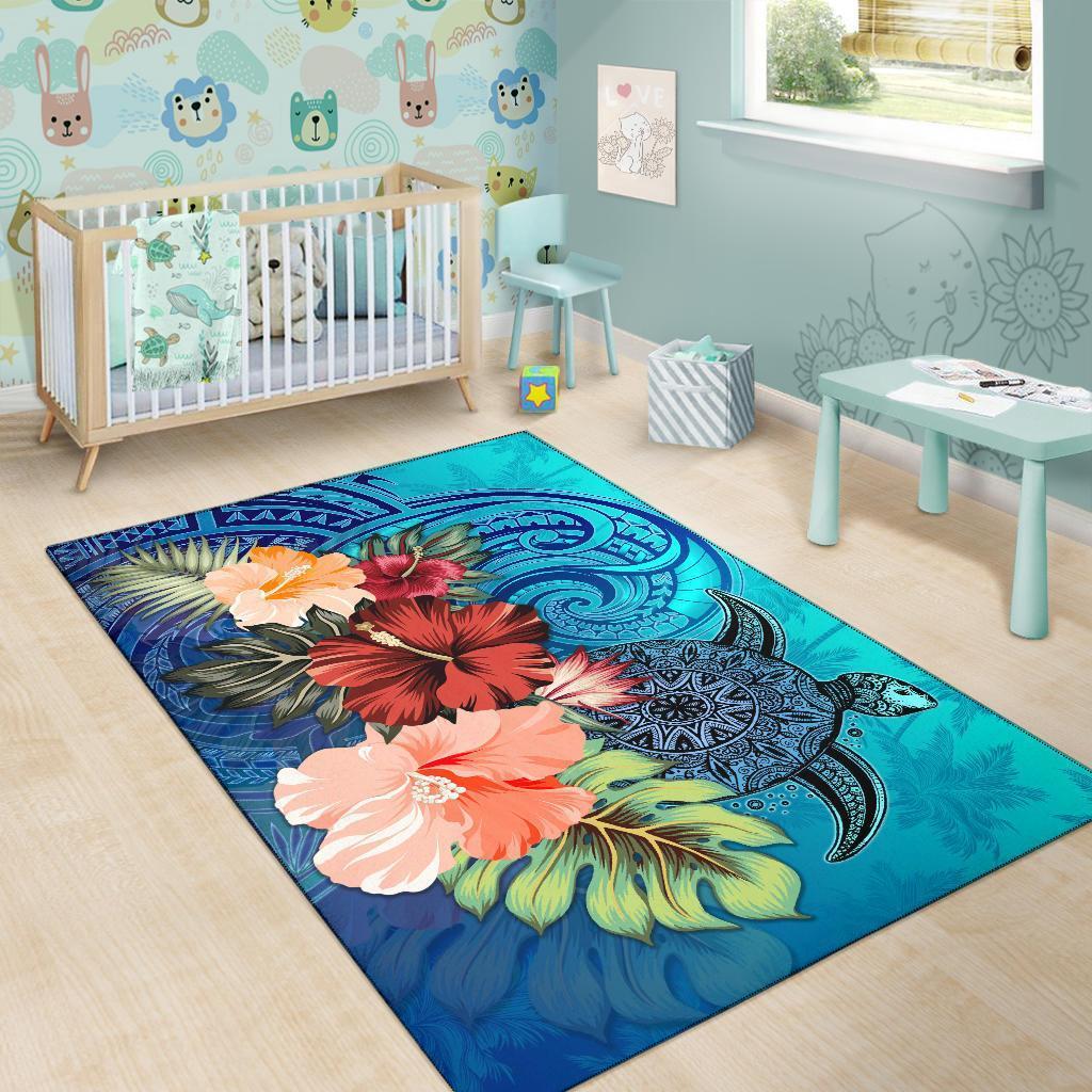 Turtle Polynesian Area Rug Hibiscus Polynesian Blue - Polynesian Pride