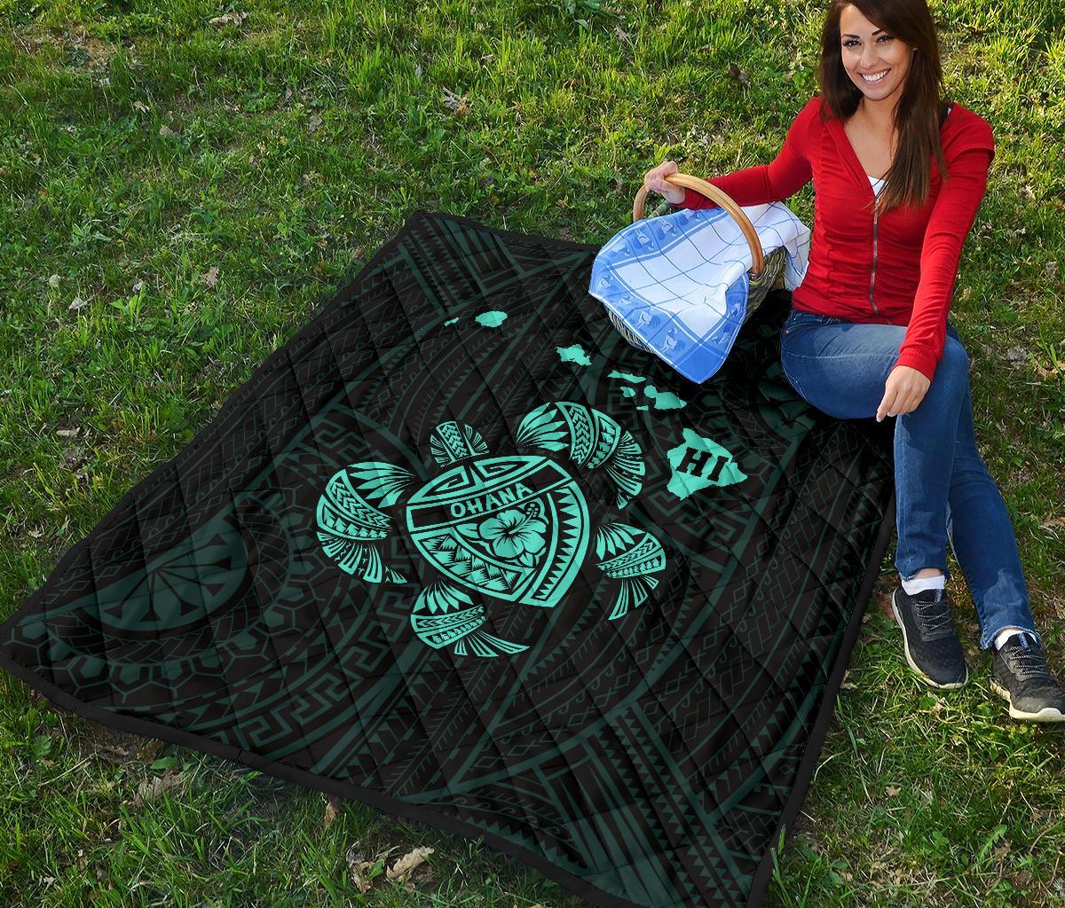 Hawaii Turtle Hibicus Map Premium Quilt - Turquoise - Polynesian Pride