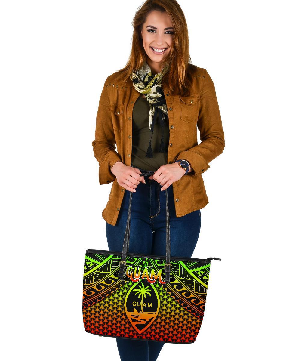 Polynesian Guam Large Leather Tote Bag - Reggae Vintage Polynesian Patterns - Polynesian Pride