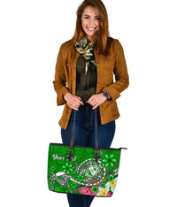 Guam Custom Personalised Large Leather Tote Bag - Turtle Plumeria (Green) - Polynesian Pride