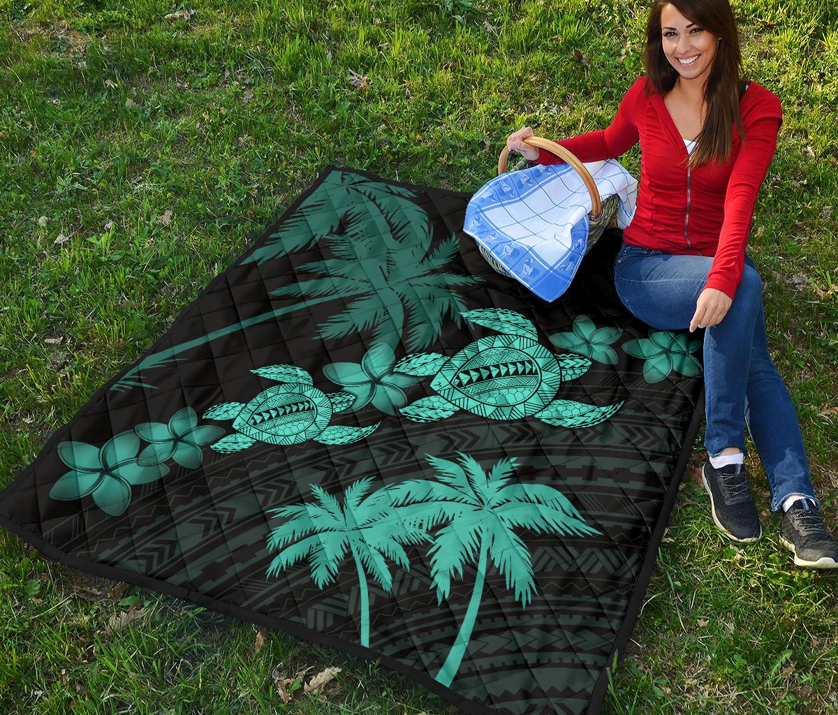 Hawaii Turtle Plumeria Coconut Tree Polynesian Premium Quilt - Turquoise - Polynesian Pride