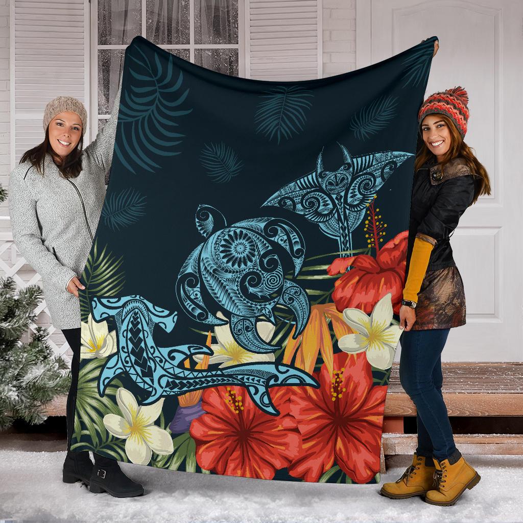 Hawaii Turtle Shark Manta Ray Hibiscus Plumeria Premium Blanket - Polynesian Pride