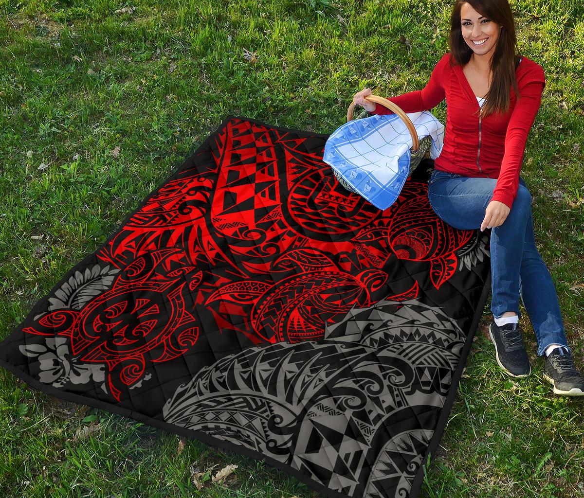 Tahiti Polynesian Premium Quilt - Red Turtle Hibiscus Flowing - Polynesian Pride