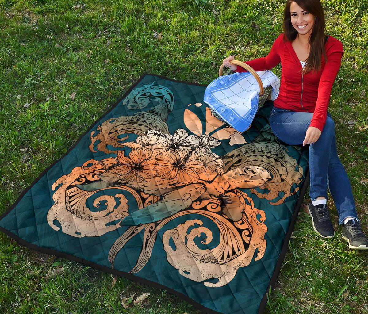 Hawaii Turtle Wave Polynesian Premium Quilt - Hey Style Orange - Polynesian Pride