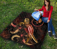 Yap Polynesian Premium Quilt - Turtle With Blooming Hibiscus Gold - Polynesian Pride