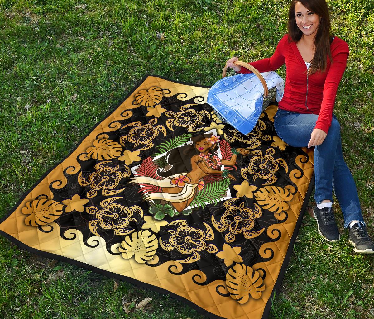 Hawaii Polynesian Premium Quilt - Hawaiian Dancing Girl Gold - Polynesian Pride