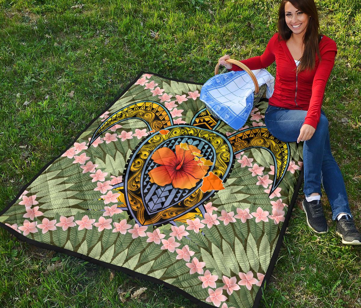 Hawaii Turtle Map Plumeria Hawaiian Tropical Premium Quilt - Candy Style - AH - Polynesian Pride