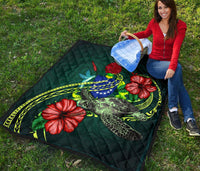 Cook Islands Polynesian Premium Quilt - Green Turtle Hibiscus - Polynesian Pride