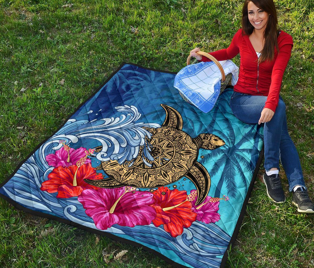 Hawaii Sea Turtle Hibiscus Coconut Tree Premium Quilt - Polynesian Pride