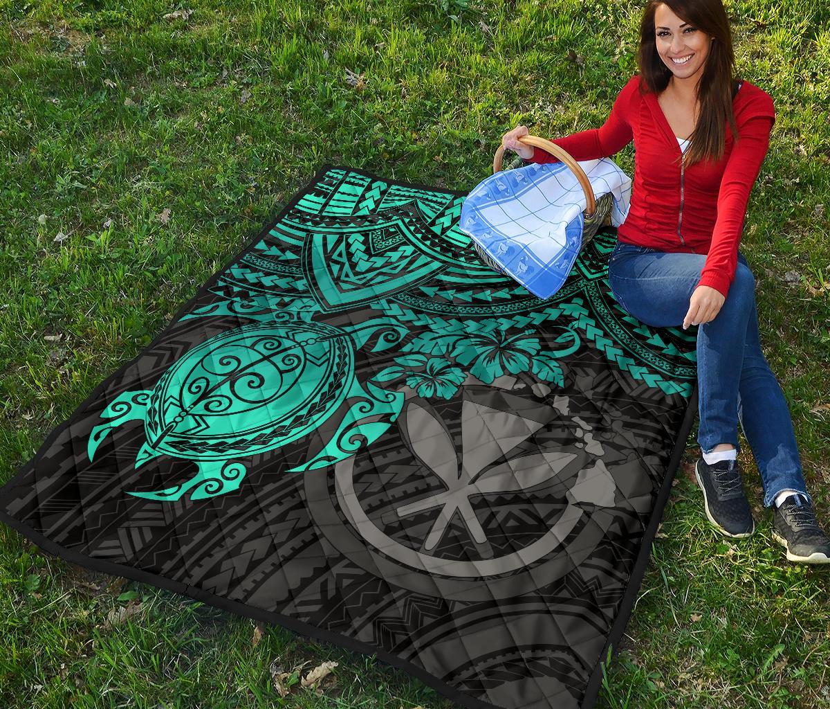 Hawaii Polynesian Premium Quilt - Kanaka Maoli & Turquoise Turtle Hibiscus - Polynesian Pride