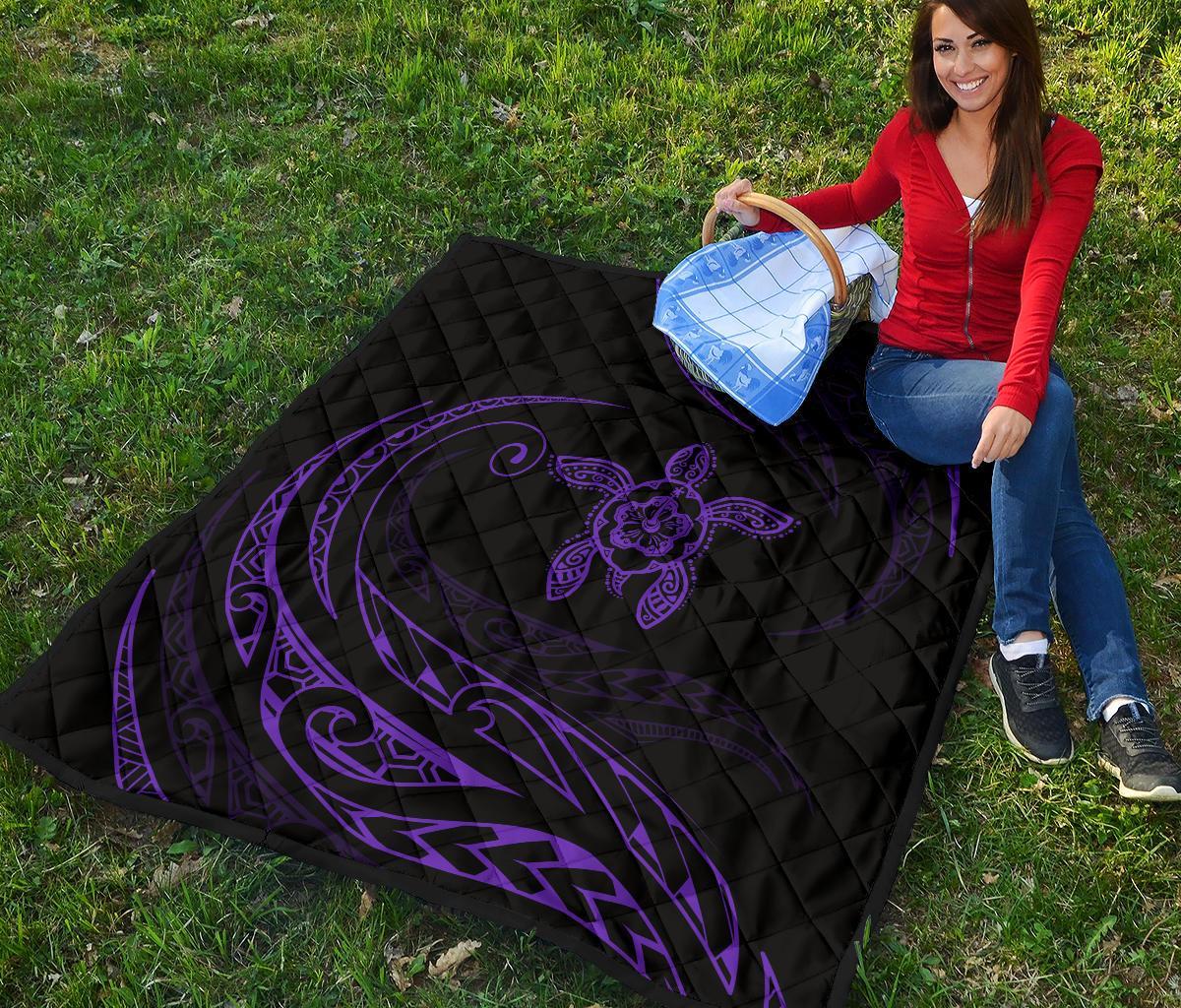 Hawaii Turtle Hibicus Premium Quilt - Frida Style - Purple - Polynesian Pride