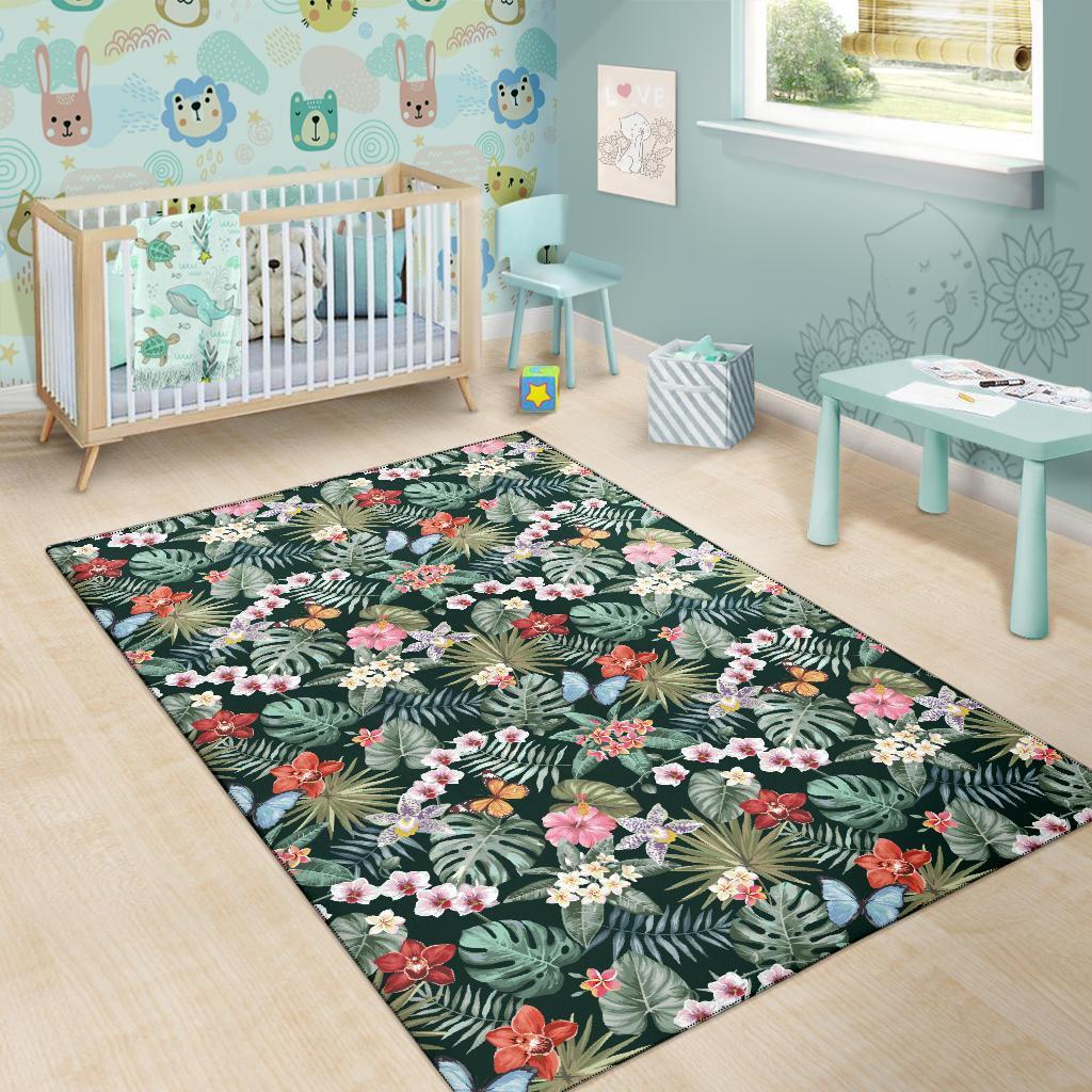 Tropical Plumeria Pattern With Palm Leaves Rug - Polynesian Pride