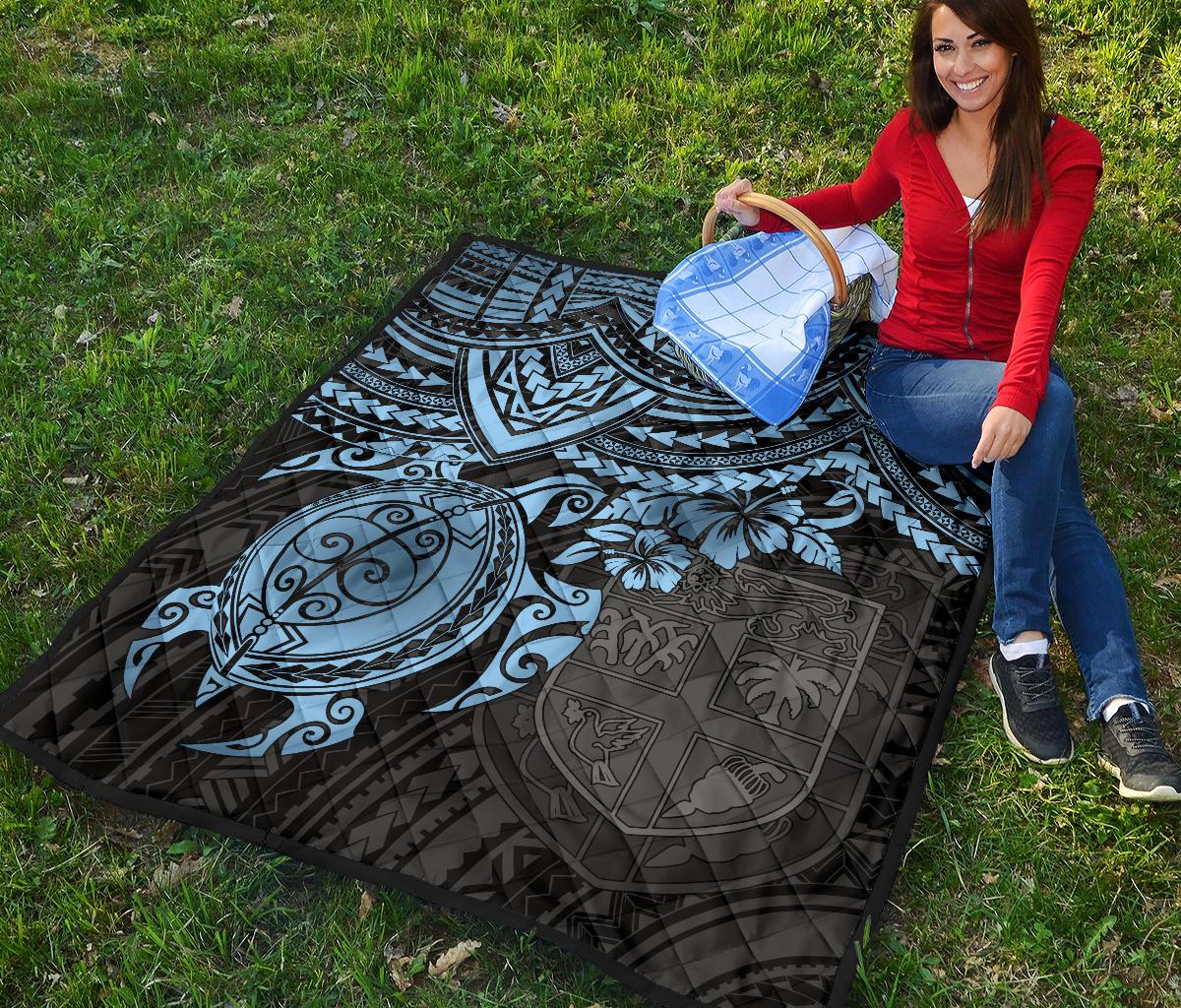 Fiji Polynesian Premium Quilt - Fiji Flag & Blue Turtle Hibiscus - Polynesian Pride