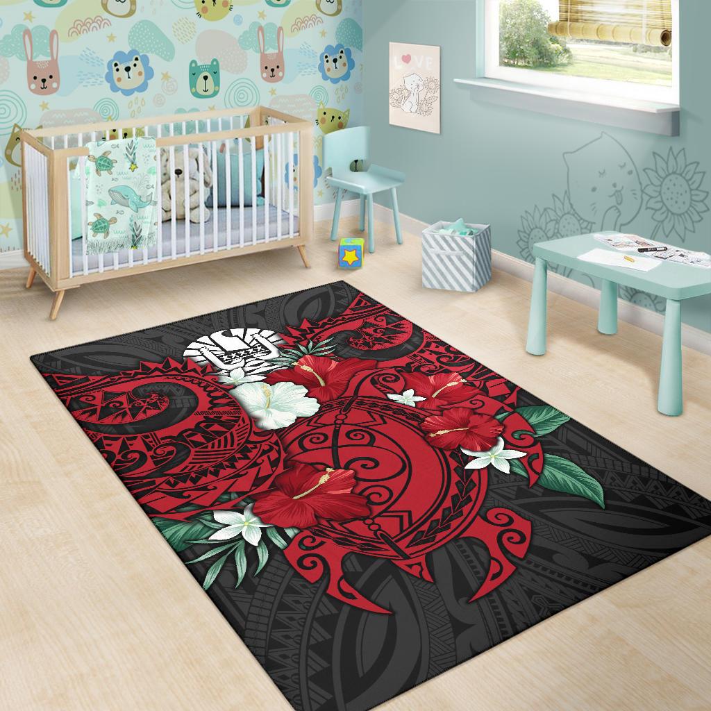 Tahiti Polynesian Area Rug - Hibiscus and Sea Turtle (Red) - Polynesian Pride