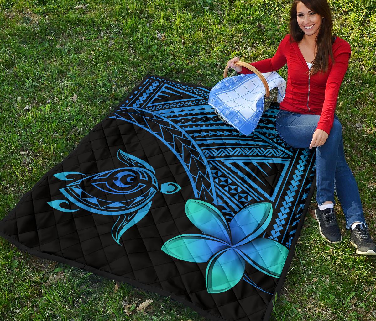 Hawaii Quilt - Hawaii Turtle Plumeria Quilt Blue - Polynesian Pride