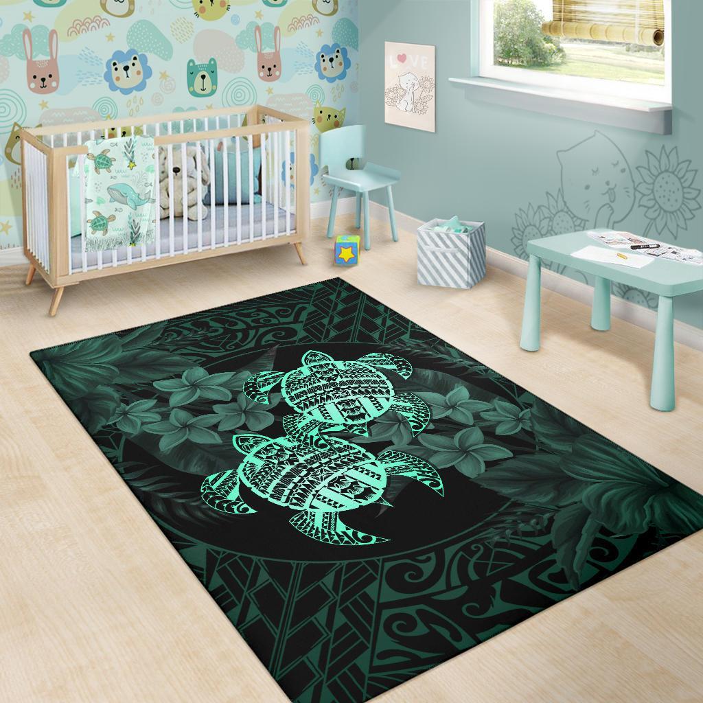 hawaii Rug - Turtle Strong Pattern Hibiscus Plumeria Turquoise AH - Polynesian Pride