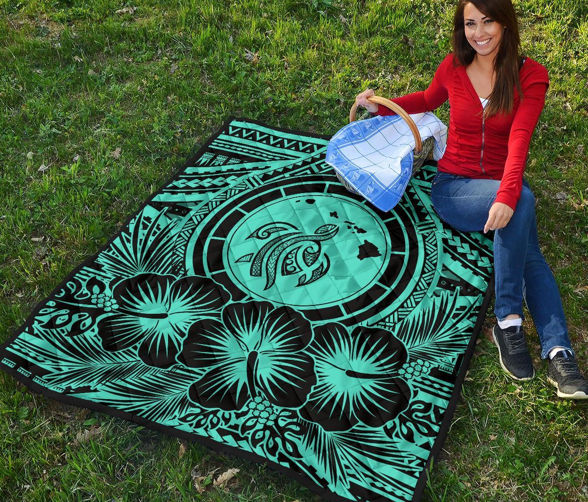 Hawaii Premium Quilt - Hawaii Map Honu Hibiscus Turquoise Polynesian Premium Quilt - Polynesian Pride