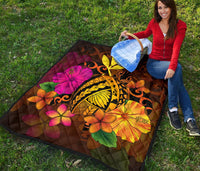 Hawaii Turtle Tribal Map Hibiscus Plumeria Premium Quilt - Polynesian Pride