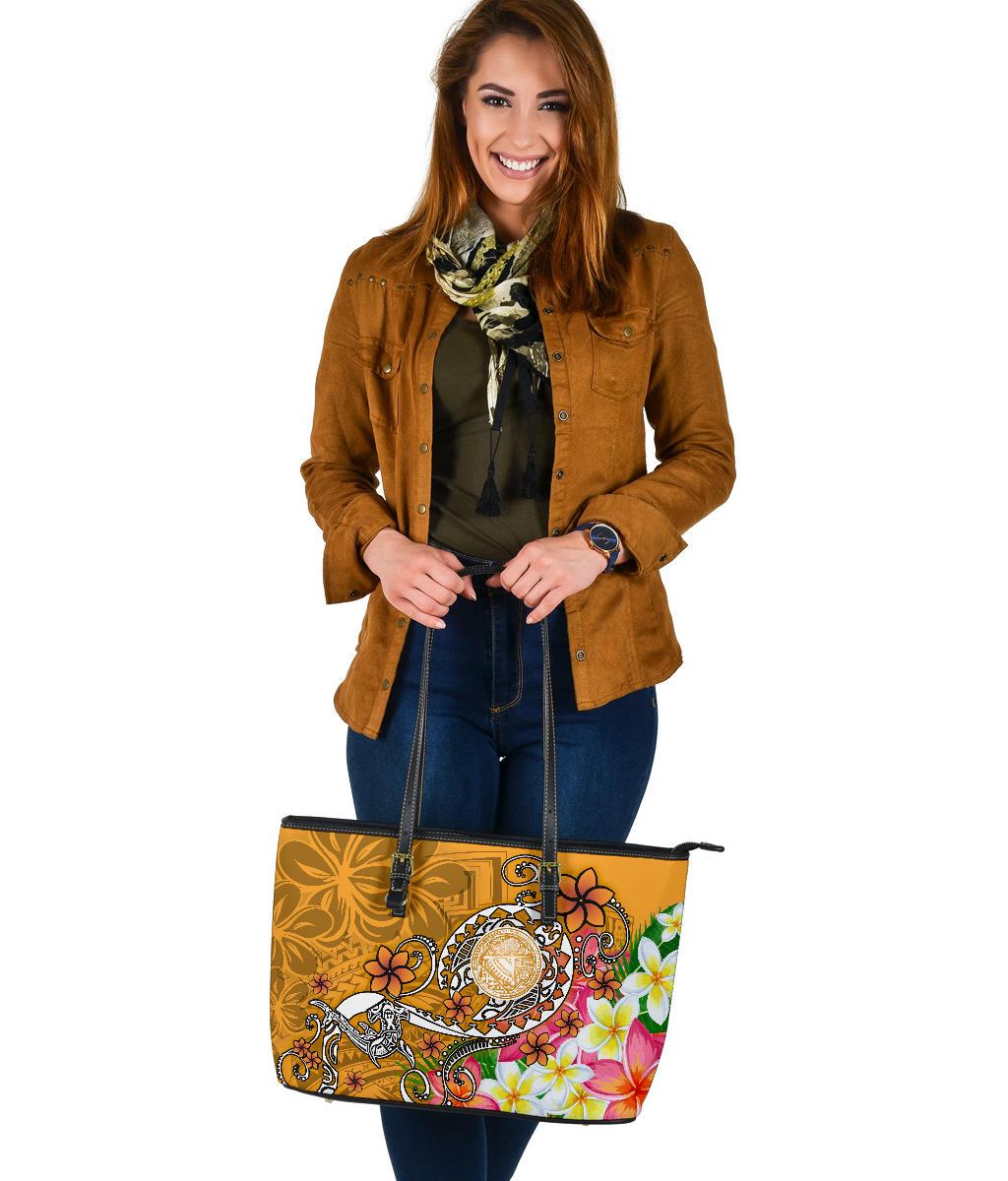 American Samoa Polynesian Leather Tote Bag - Turtle Plumeria (Gold) - Polynesian Pride