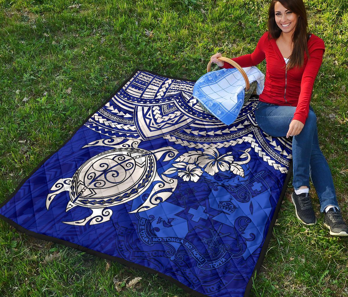 Tonga Polynesian Premium Quilts - Tonga Coat Of Arms & Blue Turtle Hibiscus - Polynesian Pride