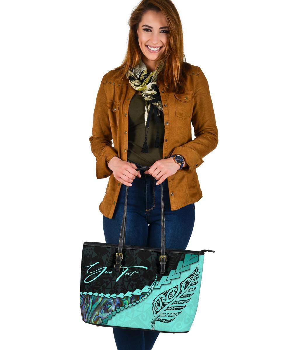 (Signature Custom) Paua Shell, Maori Silver Fern Leather Tote Bag, Turquoise - Polynesian Pride