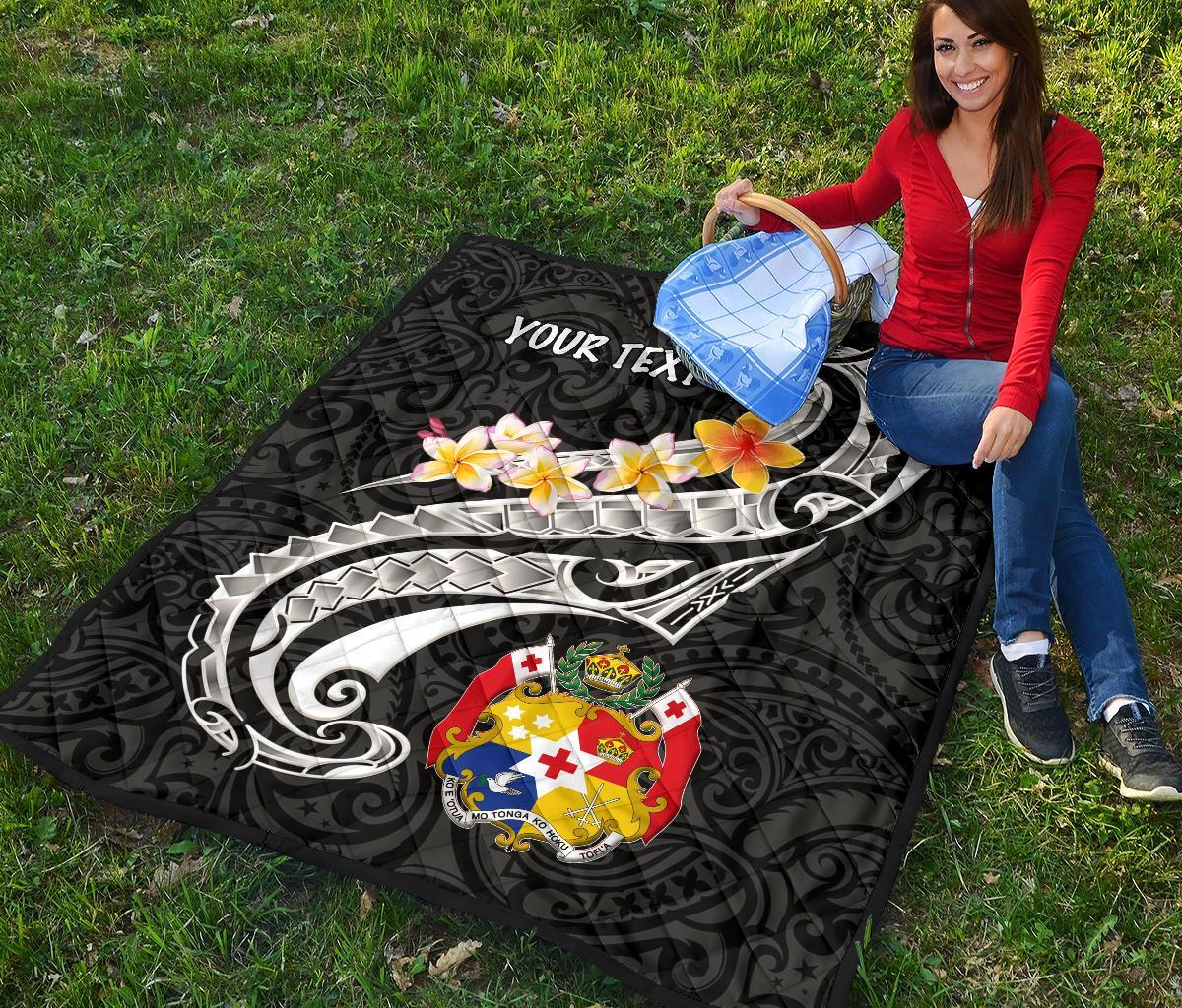 Tonga Custom Personalised Premium Quilt - Tonga Seal Polynesian Patterns Plumeria (Black) - Polynesian Pride