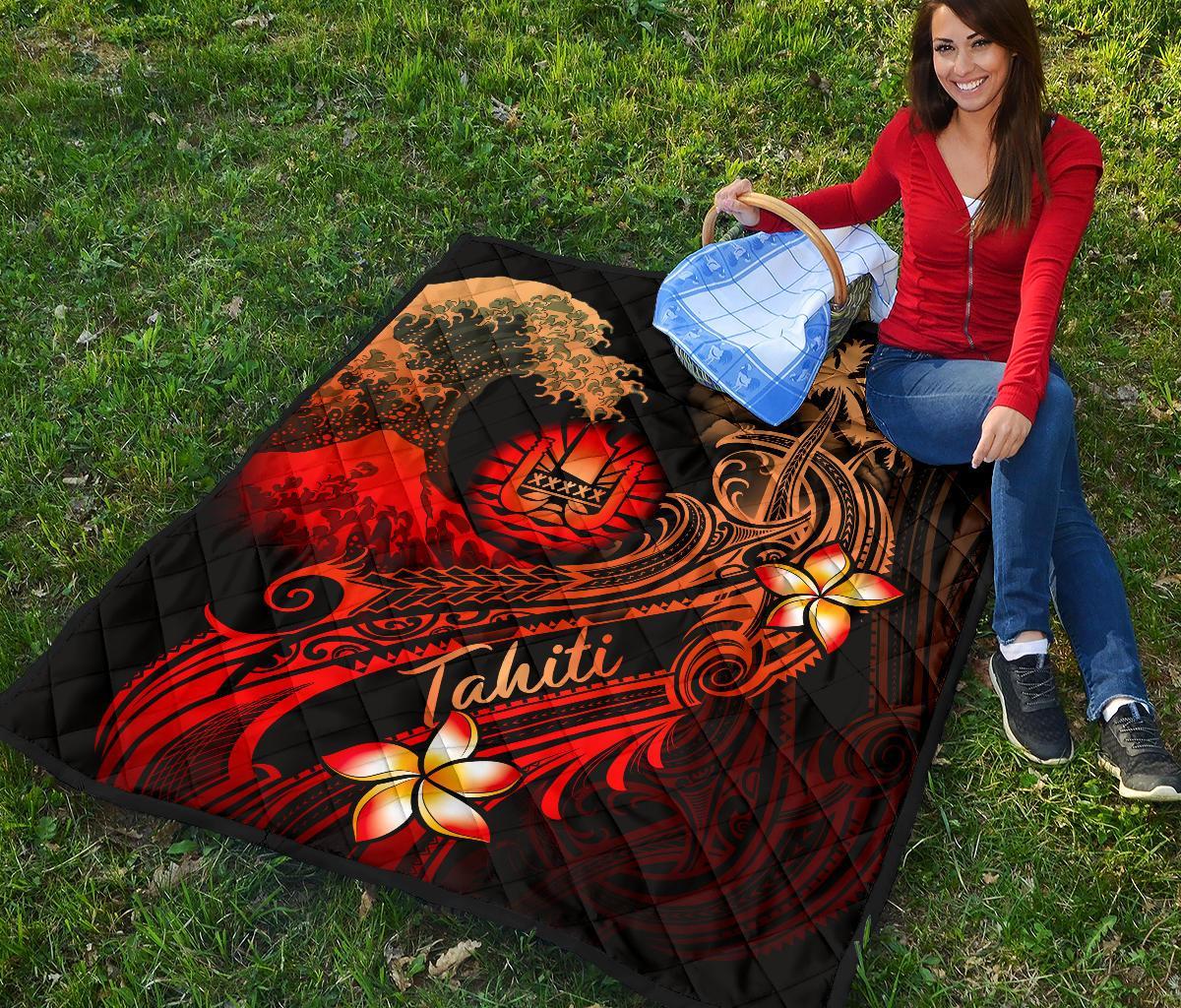 Tahiti Polynesian Premium Quilt - Plumeria Flowers And Waves - Polynesian Pride
