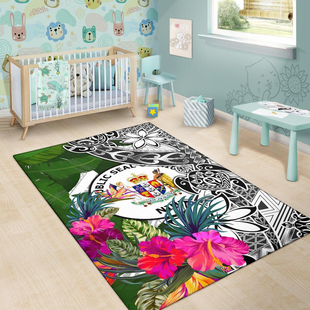 Niue Area Rug White - Turtle Plumeria Banana Leaf - Polynesian Pride