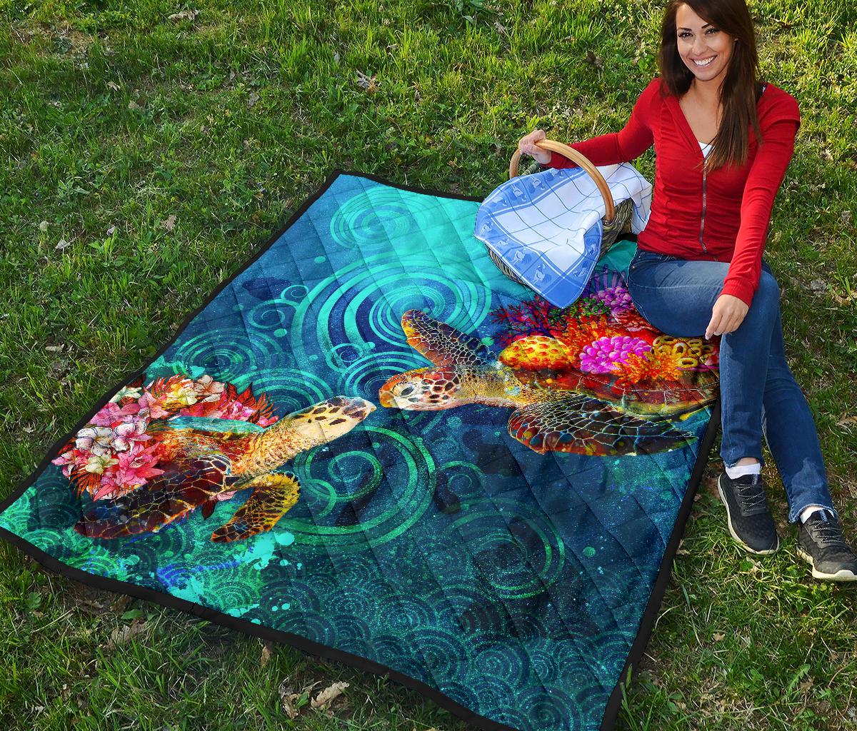 Hawaii Polynesian Premium Quilt - Sea Turtle Coral Treasure - Polynesian Pride